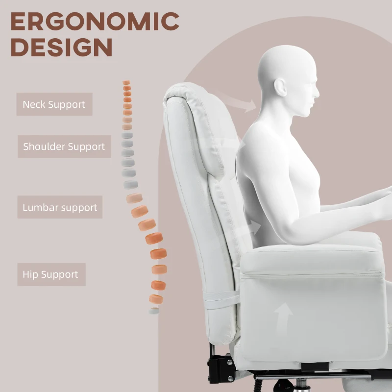 HOMCOM Executive Office Chair with Footrest and Lumbar Support, PU Leather Desk Chair, Ergonomic, Reclining and Swivel, White