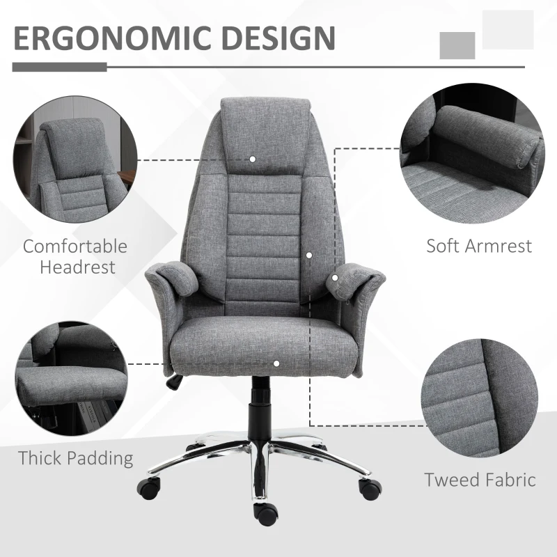 HOMCOM High Back Fabric Executive Chair with Padded Armrests, Ergonomic Home Office Chair with Headrest, Adjustable Height- Light Grey