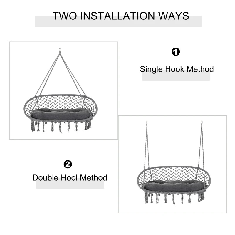 Outsunny Patio Hammock Chair 2 Seat, Hanging Rope Hammock Swing Chair with Metal Frame and Cushion, Large Macrame Seat for Indoor and Outdoor 396 lbs Capacity, Dark Grey