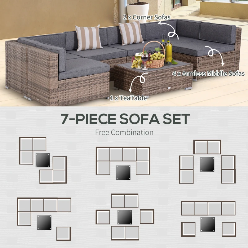 Outsunny Modern Rattan Patio Furniture Set, 7-Piece Outdoor Wicker Sofa Set with Cushions for Home & Family Gatherings, Gray