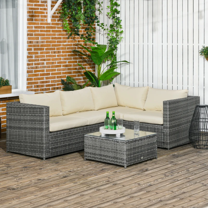 Outsunny 3 Pieces Rattan Wicker Outdoor Conversation Furniture Set w/ Loveseats Coffee Table Cushions for Garden, Patio, Beige