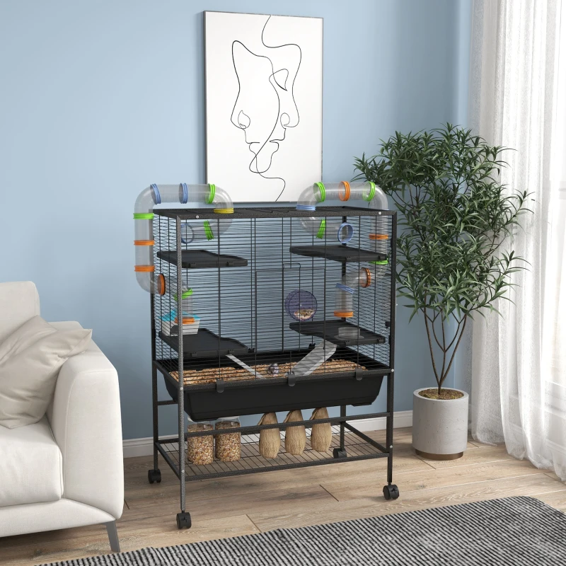 PawHut 43" Rolling Hamster Cage with Tunnel Tube System, Storage Shelf, Exercise Wheel, Food Dish, Water Bottle, Ramp