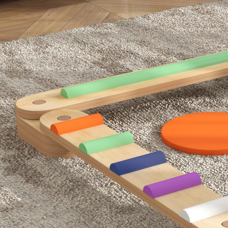 Qaba Kids Balance Beam, Wooden Balance Board with Stepping Stone for 3-8 Years