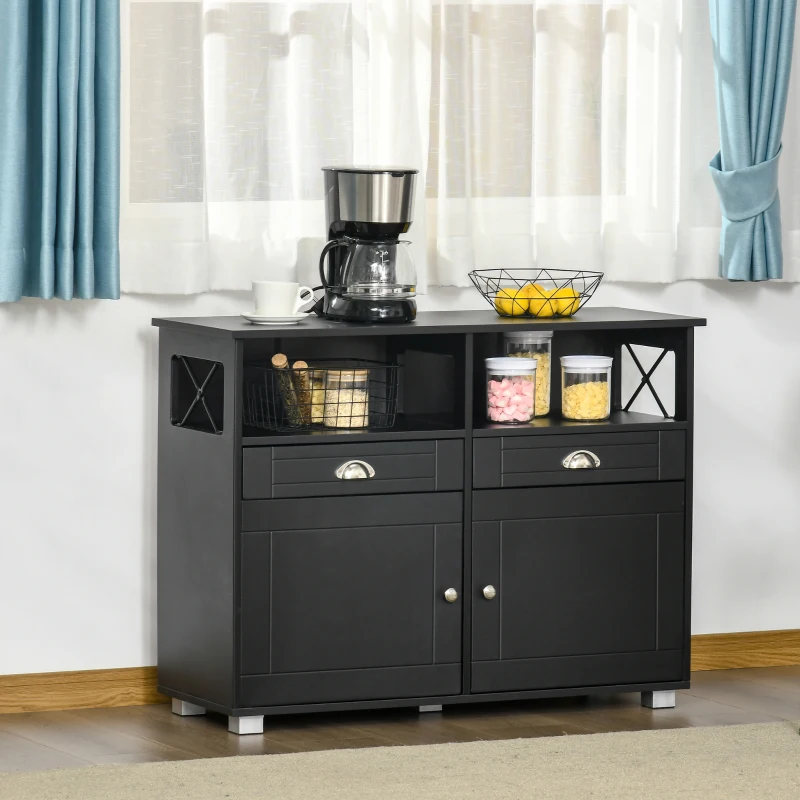 HOMCOM Sideboard Buffet Cabinet, Coffee Bar Cabinet, Kitchen Cabinet with Storage Drawers, Large Tabletop and Crossbar Side Design, Black