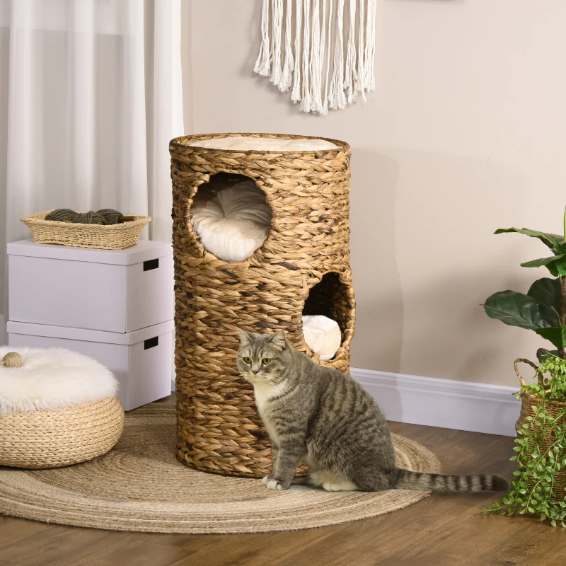 PawHut Elevated Cat Bed with Three Hideaways & Four Soft Plush Cushions, Cat Tower with Hand-Woven Materials, Multi-Layer Raised Kitten Bed Caves