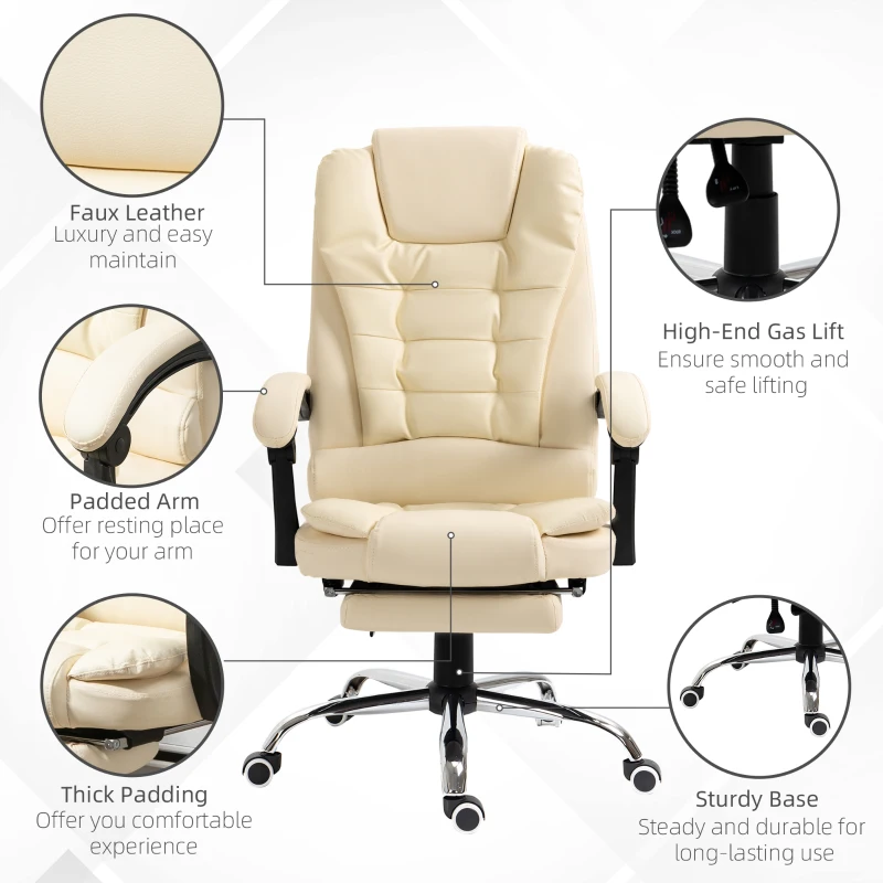 HOMCOM High Back Office Chair PU Leather Executive Office Chair with Retractable Footrest Padded Armrest Cream White