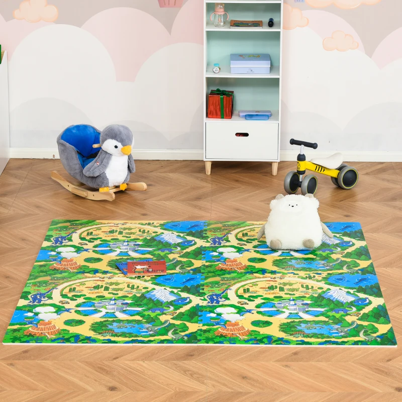 Qaba Kids Foam Puzzle Floor Tiles Baby Toddler Play Mat 36Pcs Anti-slip Crawling Learning with End Border Dinosaur Land Pattern 35SqFt EVA