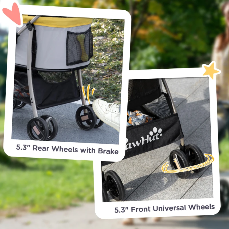 PawHut 4 Wheels Pet Stroller, 3 in 1 Dog Cat Travel Folding Carrier, for Small Dogs, Detachable, w/ Brake, Canopy, Basket, Storage Bag - Yellow
