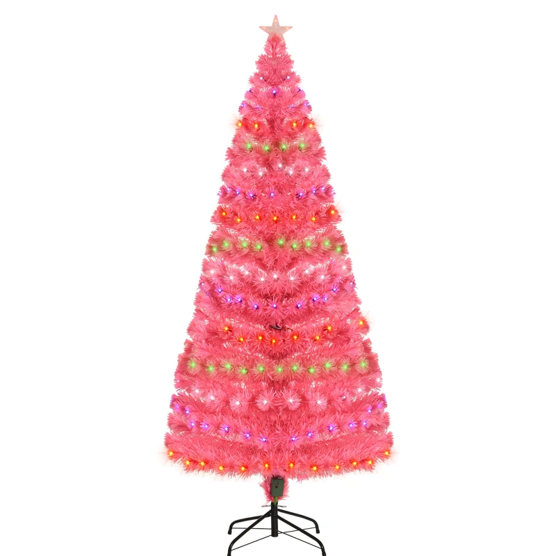 HOMCOM 6ft Tall Fir Artificial Christmas Tree with Realistic Branches, 230 Multi-Color Fiber Optic LED Lights and 230 Tips, Pink