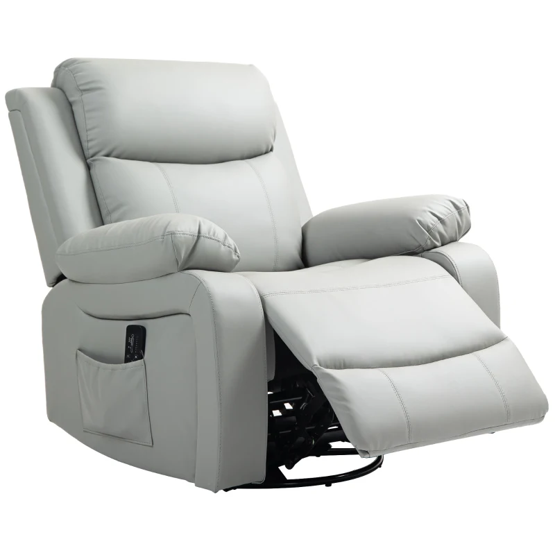 HOMCOM PU Leather Reclining Chair with Vibration Massage Rocker, Swivel Base, Rocking Function, Remote Control, Light Grey