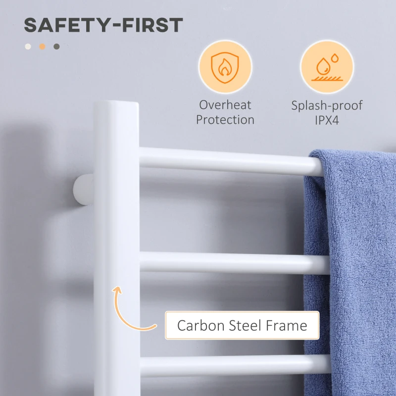 HOMCOM 8-Bar Heated Towel Warmer Rack with Built-in Timer and LED Indicators, Wall Mounted & Free Standing Carbon Steel Electric Towel Bar with Adjustable Temperature, White