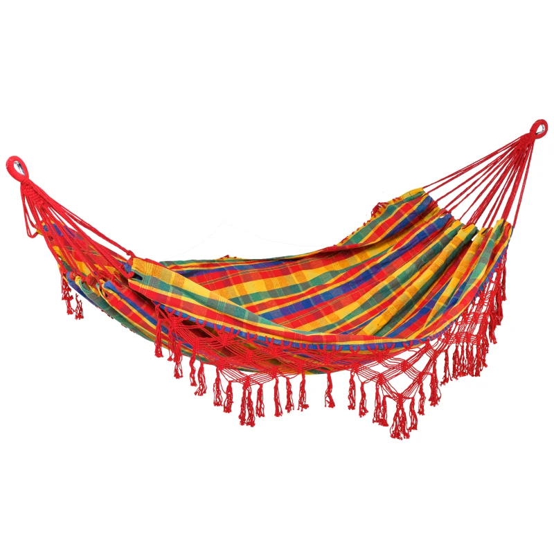 Outsunny Brazilian Style Hammock Extra Large Cotton Hanging Camping Bed with Carrying Bag, for Patio Backyard Poolside, Rainbow Stripe