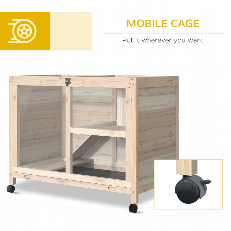 PawHut Indoor Rabbit Hutch with Wheels, Bunny Cage Guinea Pig House W/ Top Access, Ramp, Pull Out Tray, Natural Wood