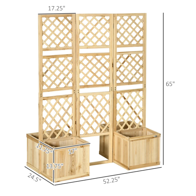 Outsunny Freestanding Outdoor Privacy Screen with 4 Self-Draining Raised Garden Beds, 3 Hinged Privacy Panels for Hot Tub, Pool, Patio, Backyard, Deck, Natural Wood