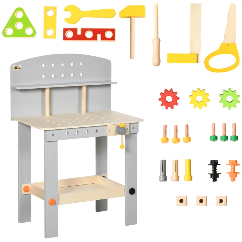 Qaba Wooden Kids Tool Bench with 31 Piece Kids Tool Kit, Workbench Playset, Construction Work Shop Toy for Girls and Boys Ages 3-6 with Storage Shelf