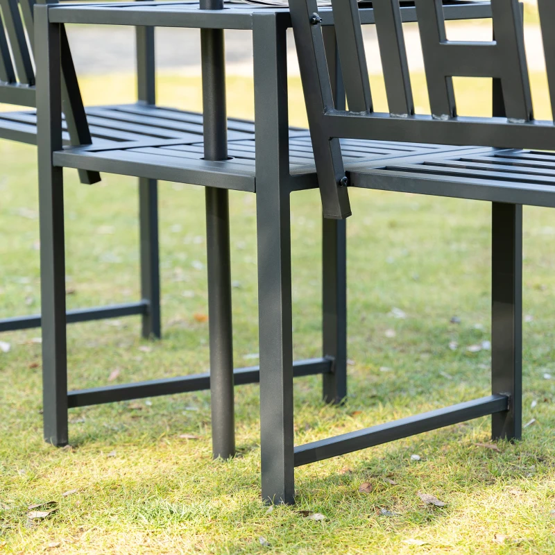 Outsunny Metal Outdoor Bench, 2-Seater Garden Bench with Middle Table, Umbrella Hole, Slatted Seat and Backrest, Black