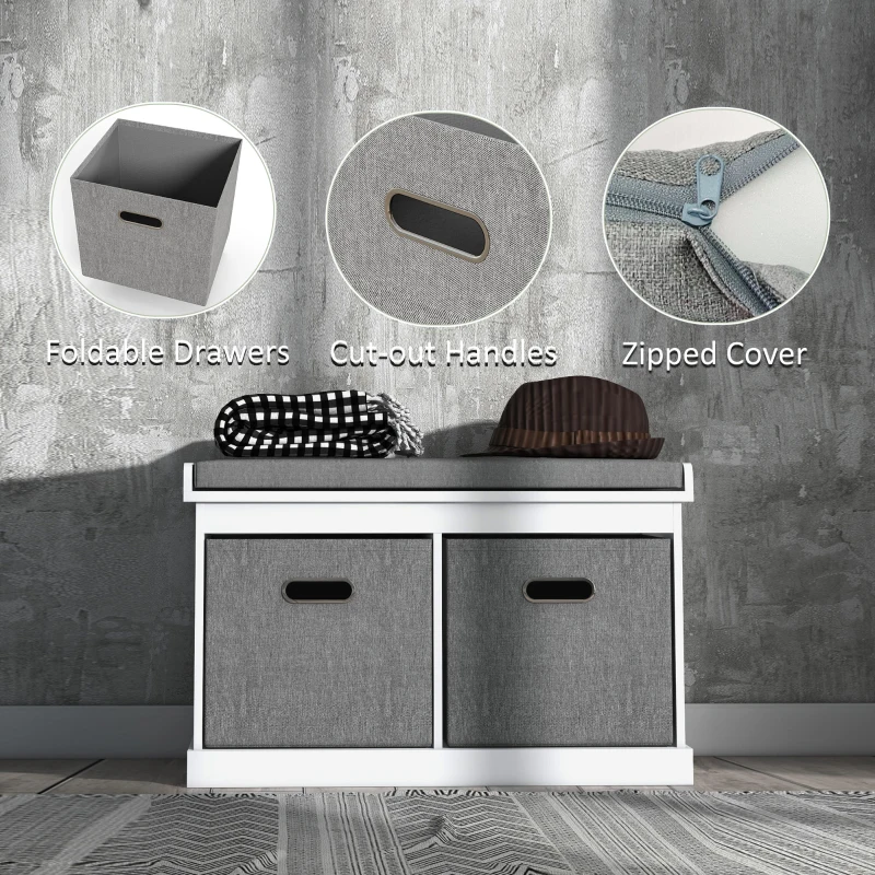 HOMCOM Shoe Storage Bench with Seat, Entryway Bench Seat with Cushion, 2 Fabric Drawers for Hallway, White