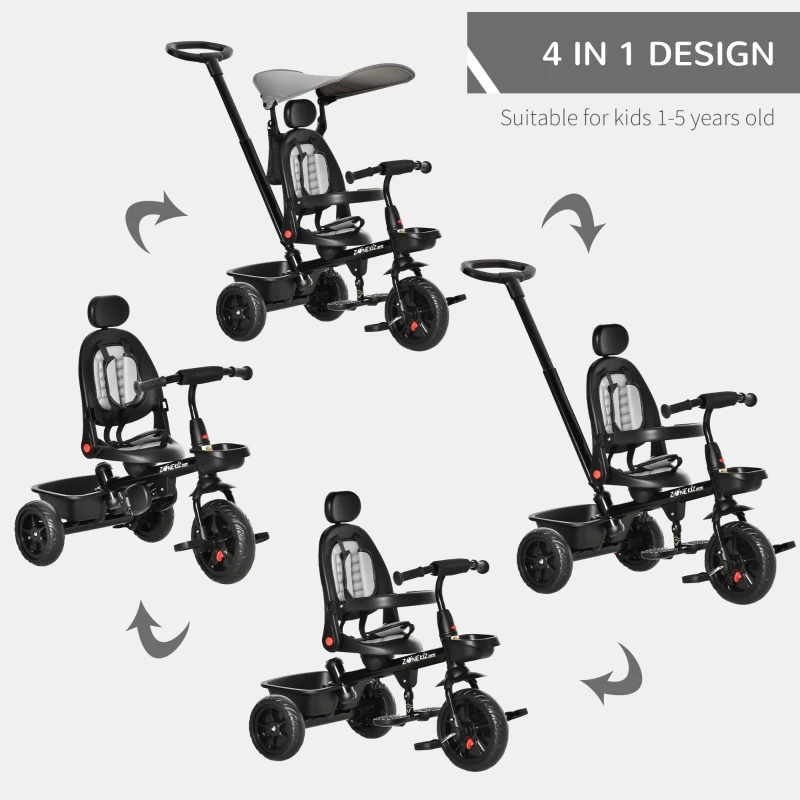 Qaba Kids Tricycle 4 In 1 Trike with Reversible Angle Adjustable Seat Removable Handle Canopy Handrail Belt Storage Footrest Brake Clutch for 1-5 Years Old Grey