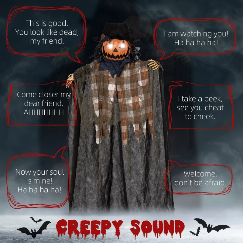 HOMCOM 6' Life Size Outdoor Halloween Hanging Pumpkin Ghost w/ Light Up Eyes, Sound Activated Prop w/ Creepy Speaking Sounds