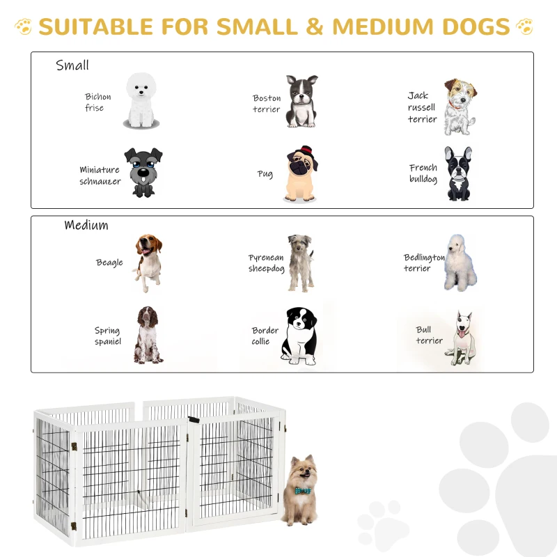PawHut Wooden Pet Gate, 6-Panel Folding Dog Safety Barrier with Support Feet for Small & Medium Dogs, White