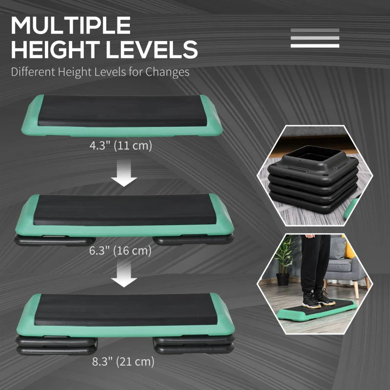 Soozier 43" Adjustable Aerobic Platform Stepper 3 Level with Risers 4” 6” 8” Cardio Fitness Trainer Workout Step Home Gym Exercise, Black Green
