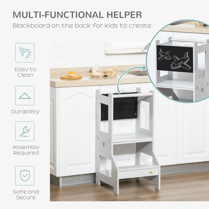 Qaba Kids Kitchen Step Stool, 2 in 1 Kitchen Table Set Toddler Standing Tower with Chalkboard, Safety Rail for Kitchen, Bathroom, Bedroom, Gray