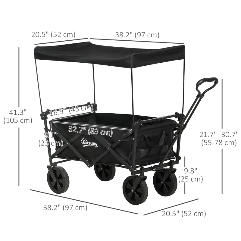 Outsunny Steel Frame Folding Garden Cart, Collapsible Wagon Cart with Removable Canopy, Telescopic Handle and Carrying Bag