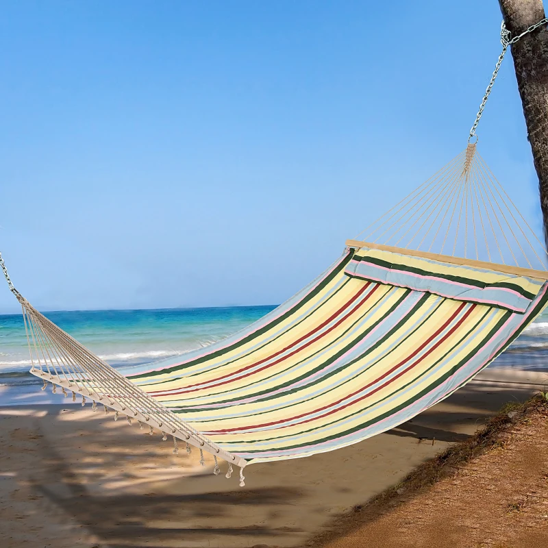 Outsunny 83" Patio Double Hammock, Wide Outdoor Hammock Bed Striped Fits 2 People Sunbed Camping hang Sleep w/ Pillow, Red Stripe