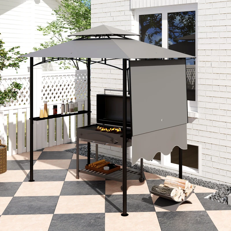Outsunny 8' x 5' Grill Gazebo, Double Tiered Barbecue Grill Gazebo Shelter with Side Awning, 2 Side Shelves, 6 Hooks, Light Grey