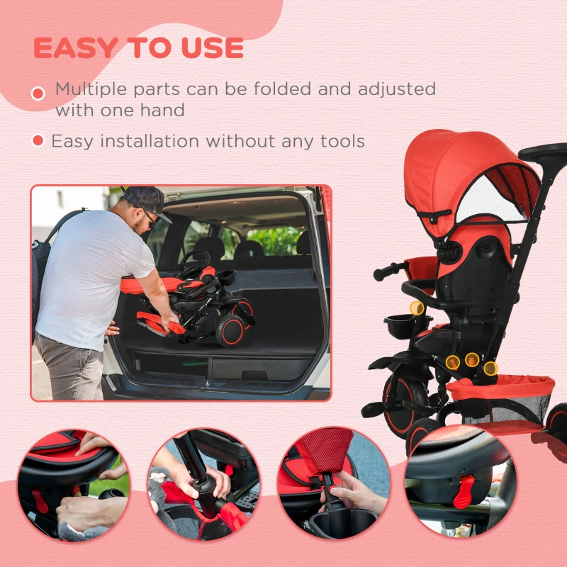 Aosom 6-in-1 Toddler Tricycle for 12-50 Months, Foldable Kids Trike with Adjustable Seat and Push Handle, Safety Harness, Removable Canopy, Footrest, Red