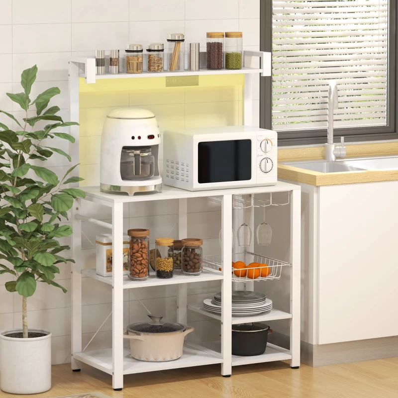 HOMCOM Industrial Kitchen Bakers Rack with Charging Station, RGB Lights, Glass Holders and Open Shelves, White