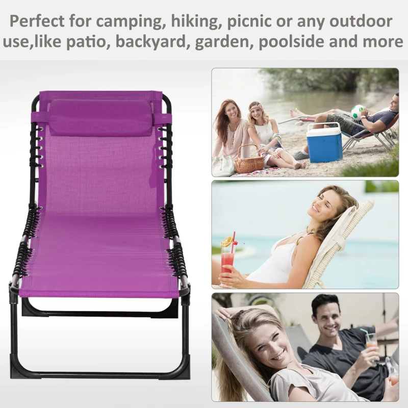 Outsunny Folding Chaise Lounge Pool Chair with 4-Position Reclining Back, Pillow, Breathable Mesh & Bungee Seat, Purple