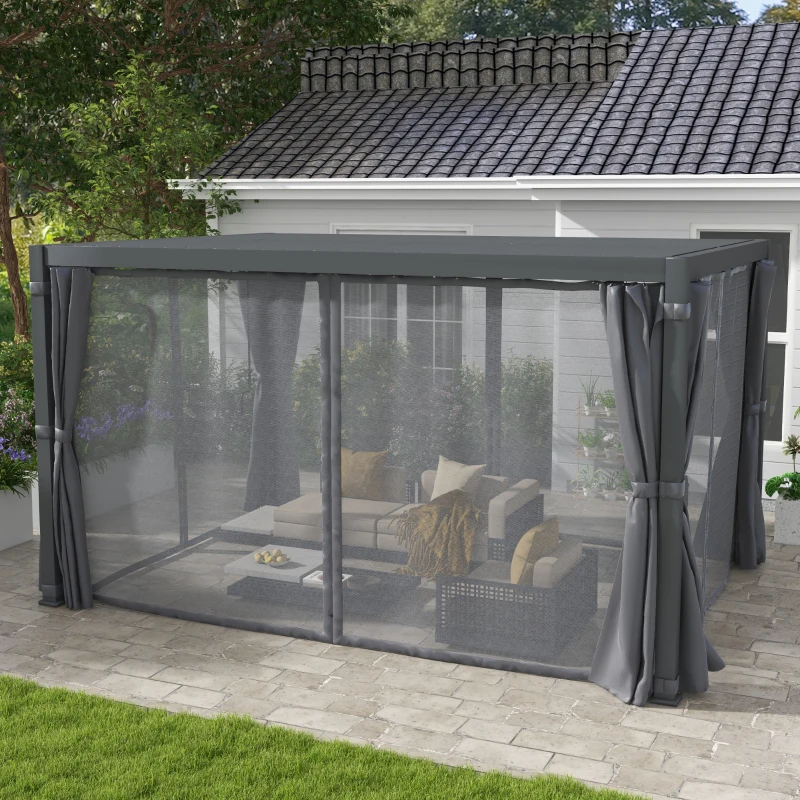 Outsunny 10' x 13' Outdoor Retractable Pergola w/ Sun Shade Aluminum Louvered Top, Pergola w/ Canopy, Curtains, Netting, Gray