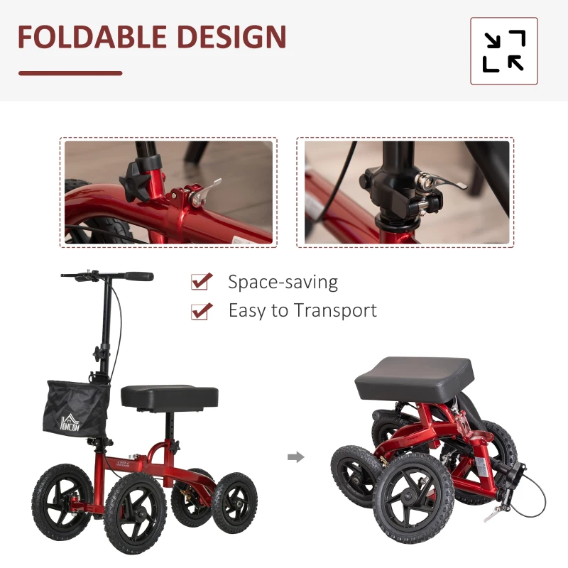 HOMCOM Foldable Medical Knee Walker Scooter for Injured Leg Red