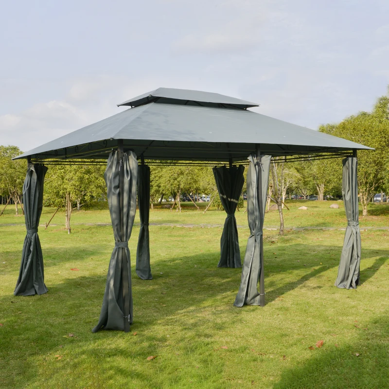 Outsunny 10' x 13' Outdoor Soft Top Gazebo Pergola with Curtains, 2-Tier Steel Frame Gazebo for Patio, Sage Gray