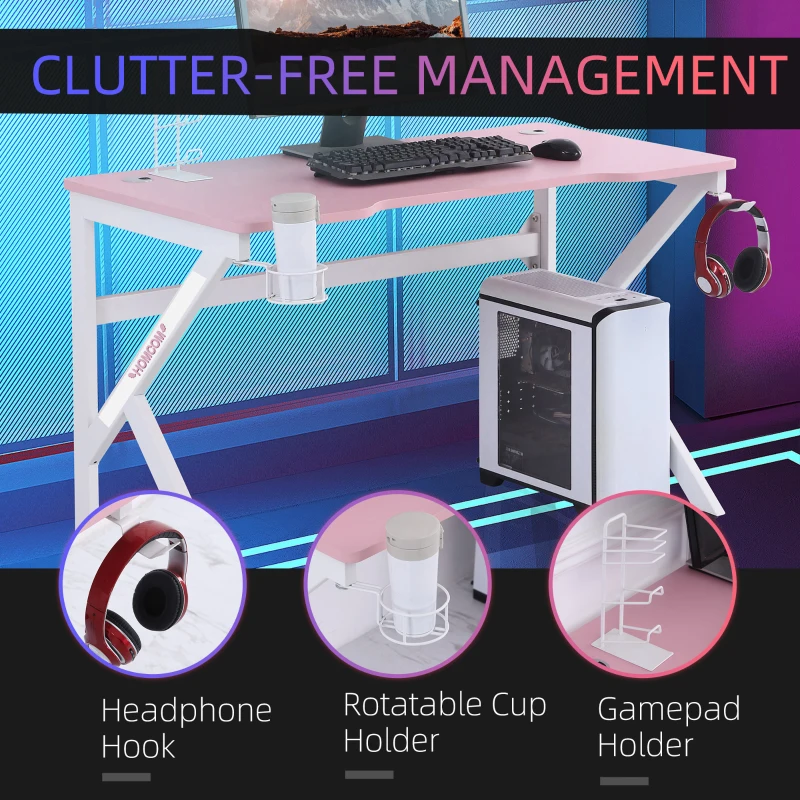 HOMCOM 47 inch Gaming Desk, Racing Style Computer Table, Home Office Workstation with Rotatable Cup Holder, Headphone Hook, Gamepad Stand, Wire Port, Pink