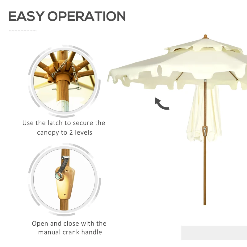 Outsunny 9' Patio Umbrella with Push Button Tilt and Crank, Double Top Ruffled Outdoor Market Table Umbrella with 8 Ribs, for Garden, Deck, Pool, Cream White