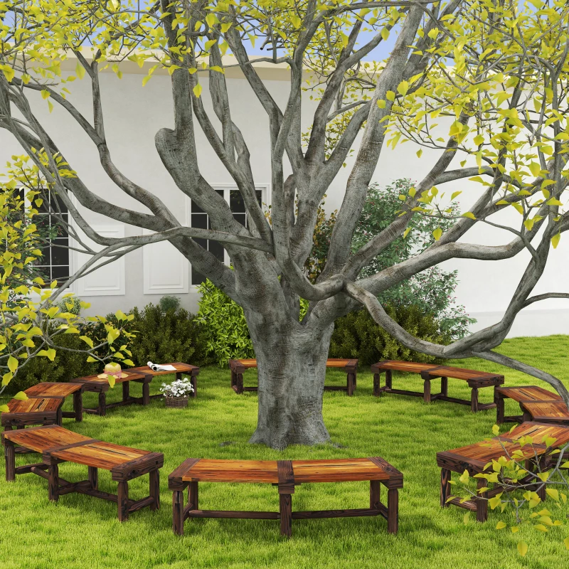 Outsunny Wooden Outdoor Bench, Wrap Around Tree Bench with Slatted Seat for Yard, Garden, Deck, Lawn, Brown