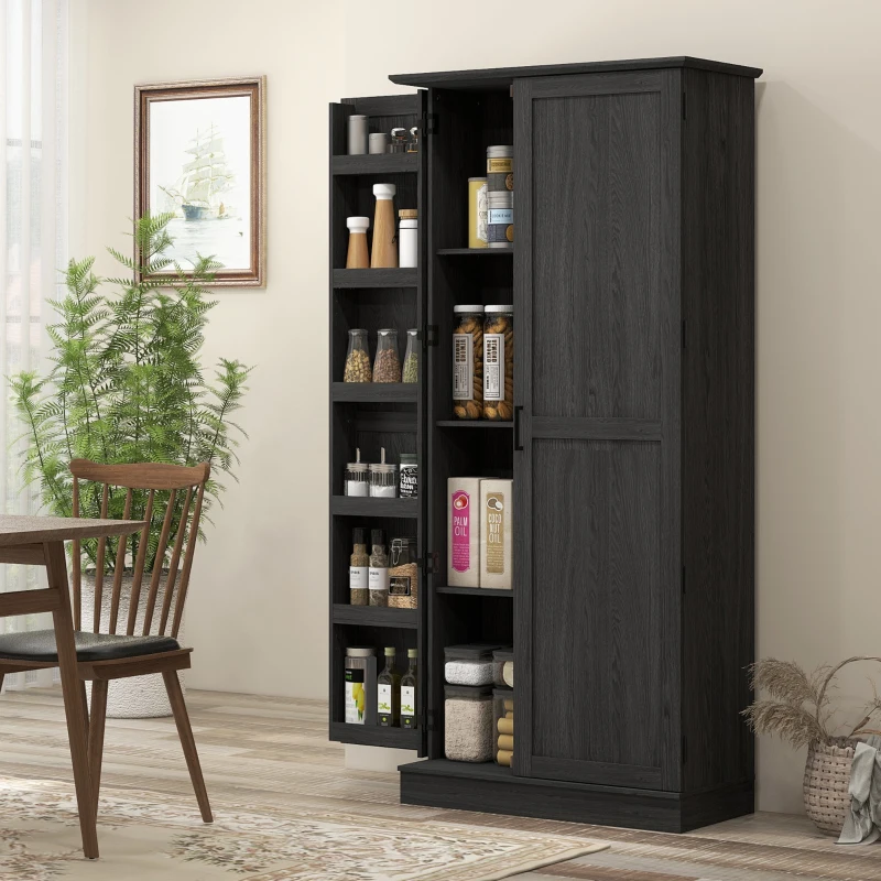 HOMCOM 70" Tall Kitchen Pantry Cabinet with Spice Racks and Adjustable Shelves for Living Room, Dining Room, Black