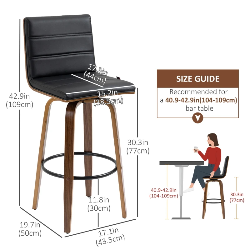 HOMCOM Swivel Bar Stools Set of 2, Upholstered Bar Height Stools, Bar Chairs with Soft Padding Seat and Wood Legs, Black