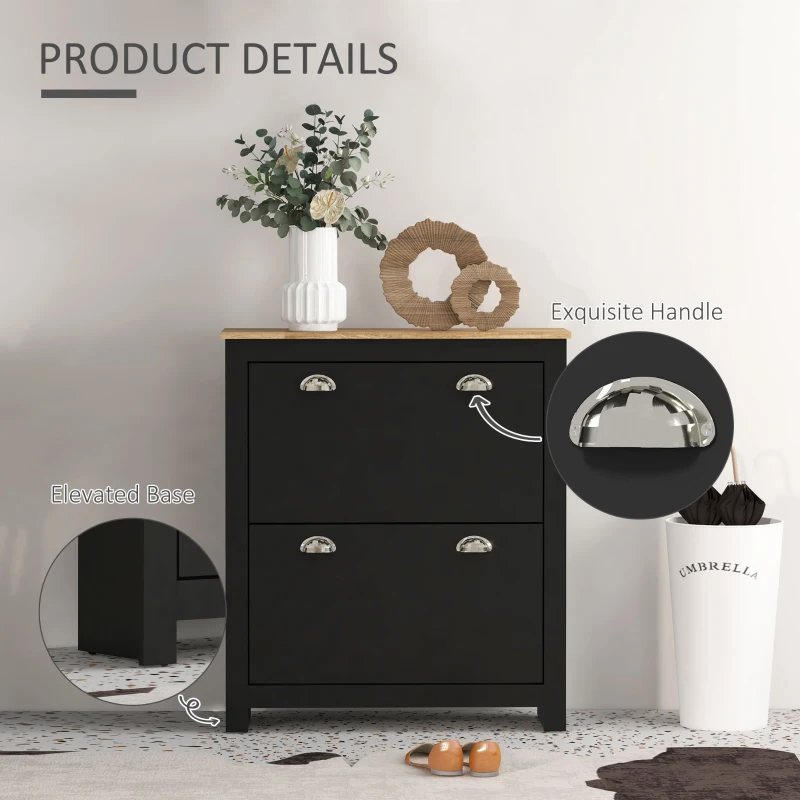 HOMCOM Small Shoe Cabinet with 2 Flip Drawers and Adjustable Shelves, 12 Pair Shoe Storage Organizer for Hallway, Black