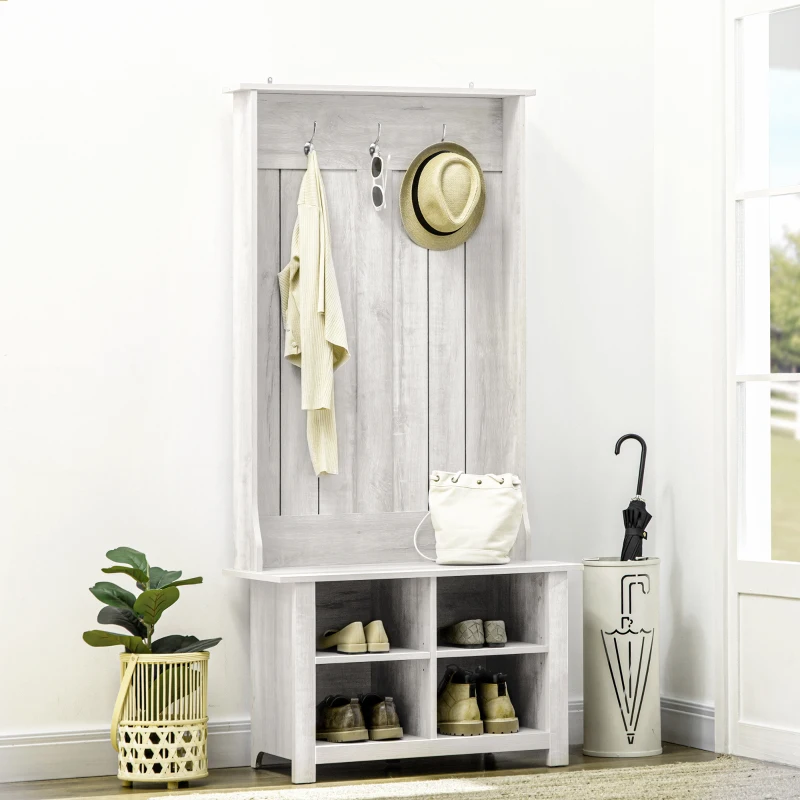 HOMCOM Classic Hall Tree, Accent Coat Tree with Shoe Storage Bench, Adjustable Shelves, 31.5" x 15.5" x 67.5", Distressed White