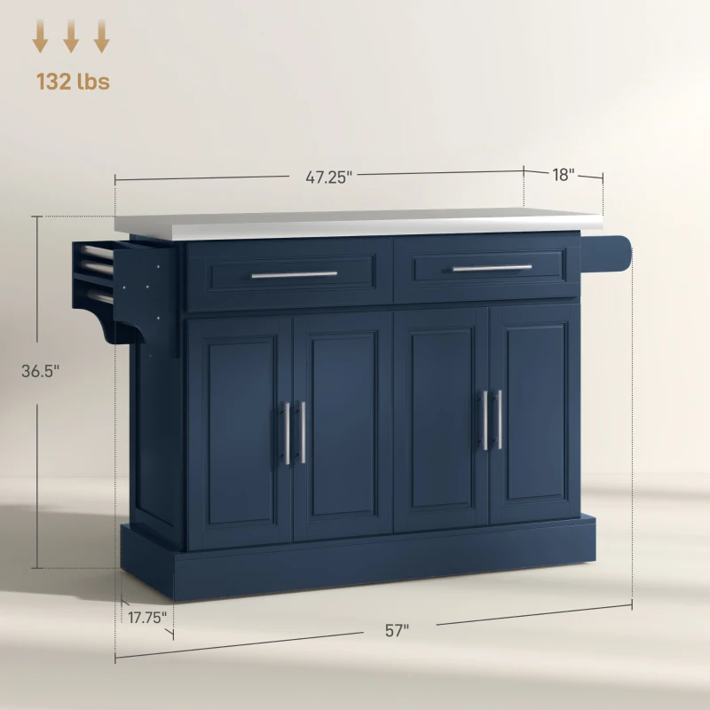 HOMCOM Rolling Kitchen Island with Stainless Steel Top, 2 Drawers, Spice, Knife and Towel Rack and Cabinets, Navy Blue