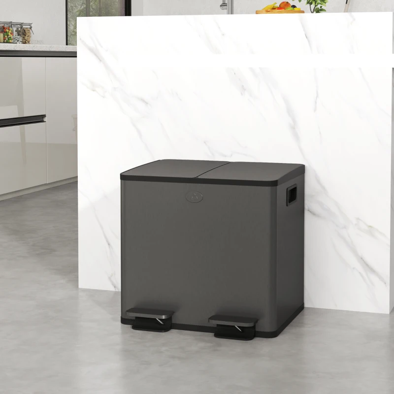 HOMCOM Dual Garbage Bin, Soft-Close Trash Can with Foot Pedal, 2 x 15 Liter Garbage Can with Removable Inner Buckets, Black