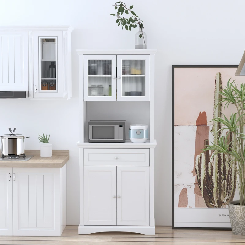 HOMCOM 71" Tall Kitchen Pantry Storage Cabinet, Freestanding Buffet Hutch with Glass Doors, Drawer, Microwave Space and Adjustable Shelves, White