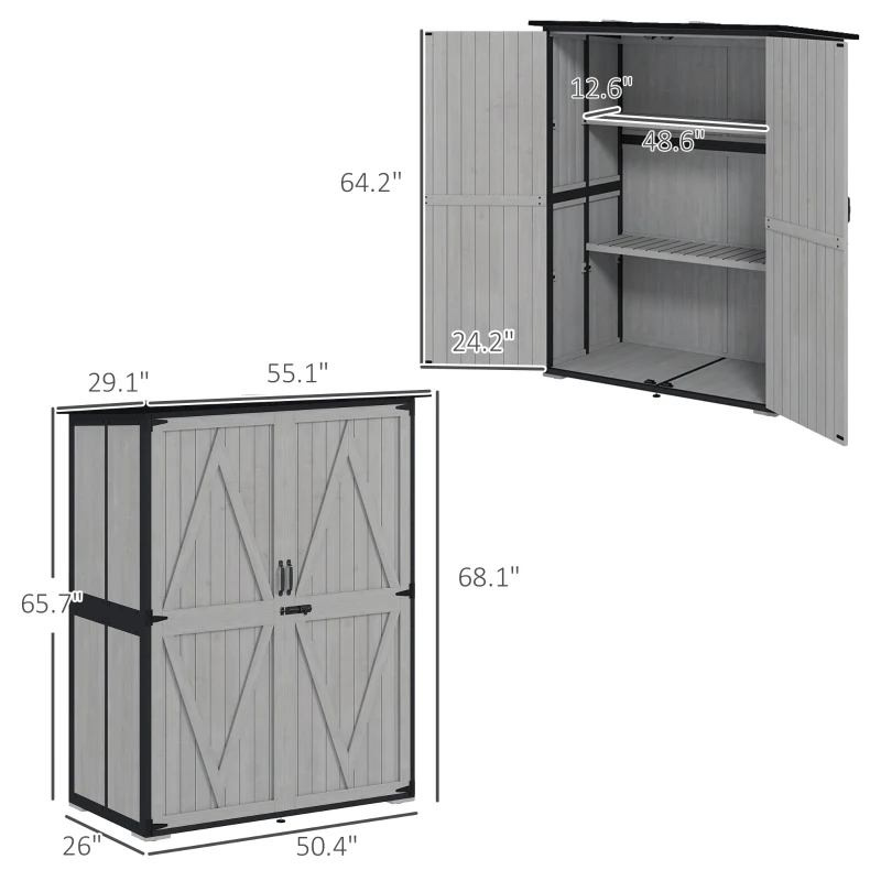 Outsunny Wood Storage Shed, Outdoor Garden Shed with Asphalt Roof, 2 Shelves, Lockable Doors and Adjustable Feet, Gray