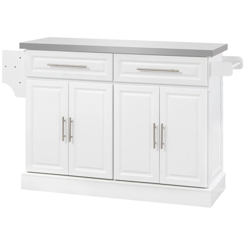 HOMCOM Rolling Kitchen Island Cart with Wheels, Portable Island Table for Kitchen with Stainless Steel Top, Adjustable Shelves, 2 Drawers, Spice, Knife and Towel Rack, White