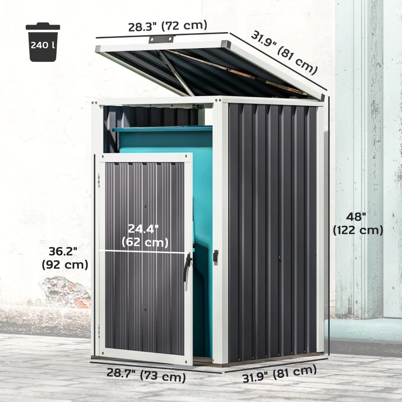 Outsunny Single Garbage Bin Shed, Lockable Outdoor Storage Shed with Openable Lid, Galvanized Frame for Garden Patio, Dark Grey