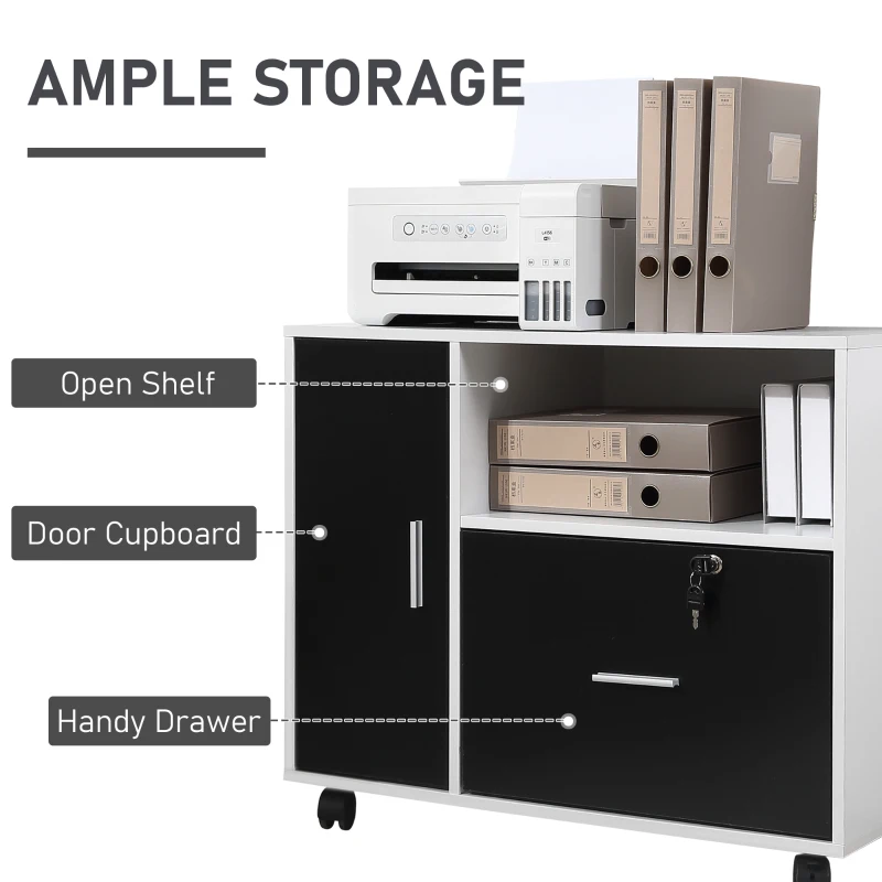 HOMCOM Lateral Filing Cabinet with Lockable Drawer and Open Storage Shelf for Hanging Legal, Letter Sized Files, Mobile Printer Stand for Home Office, Black and White