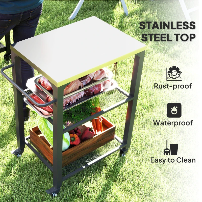 Outsunny 3-Shelf Outdoor Grill Cart with Stainless Steel Tabletop, Movable Pizza Oven Table with Hooks, Side Handle, Wheels